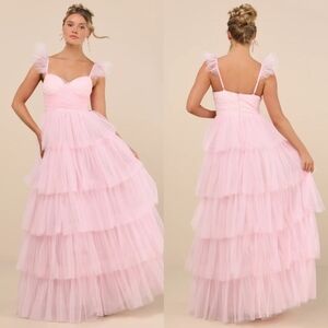 Lulus Fabulous Poise Light Pink Tulle Ruffled Tiered Maxi Dress M Formal Party